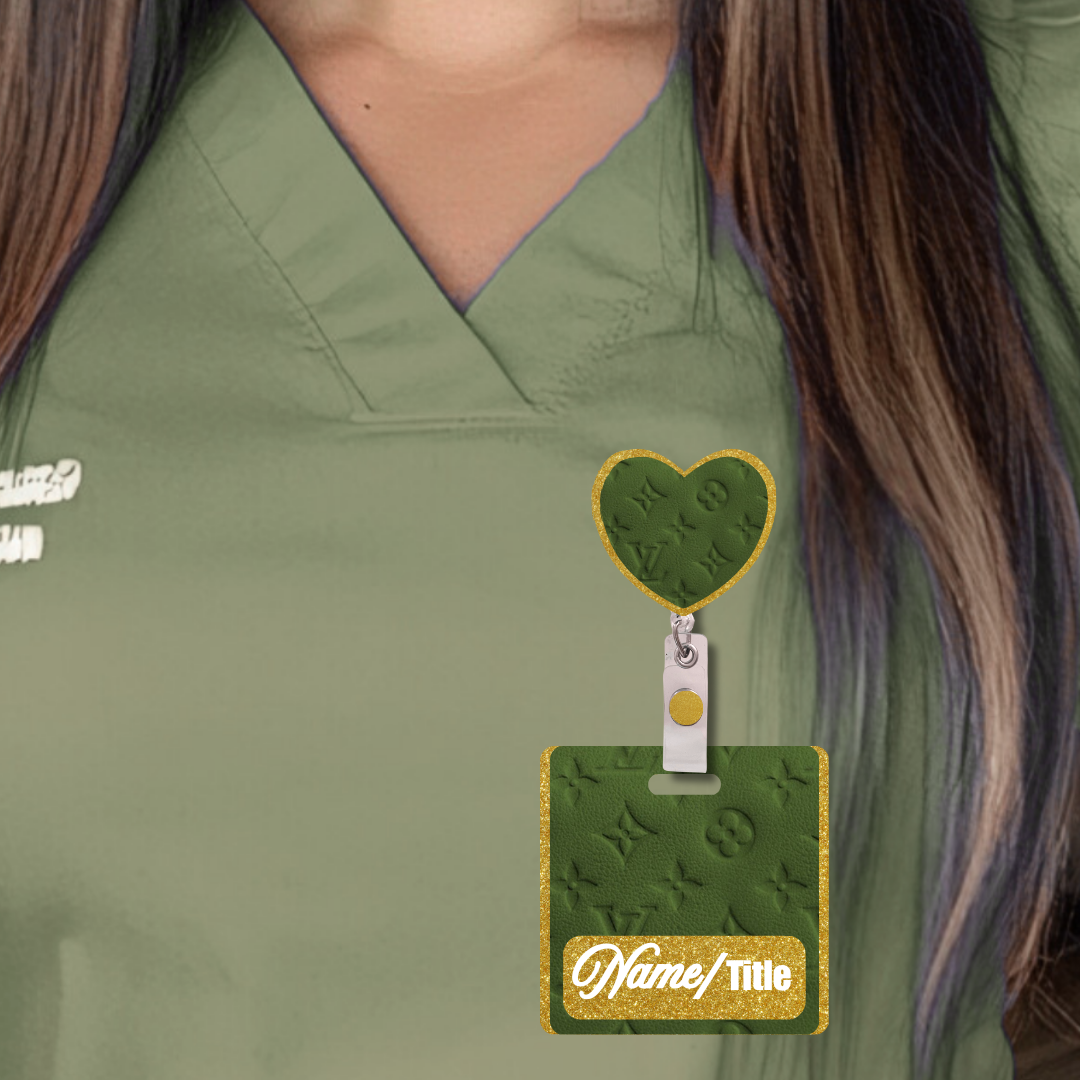 ✨ Premium Personalized Green 3D Pattern Gold Glitter Badge Reel + Badge Buddy Combo Set