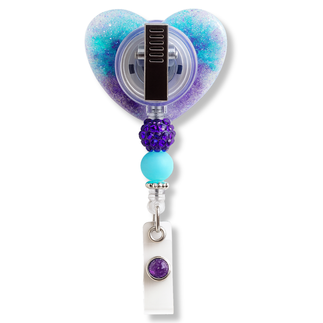 Personalized Purple/Blue Glitter Heart Badge Reel – Custom Name Nurse ID Holder | Cute Beaded Retractable Reel for Medical Professionals