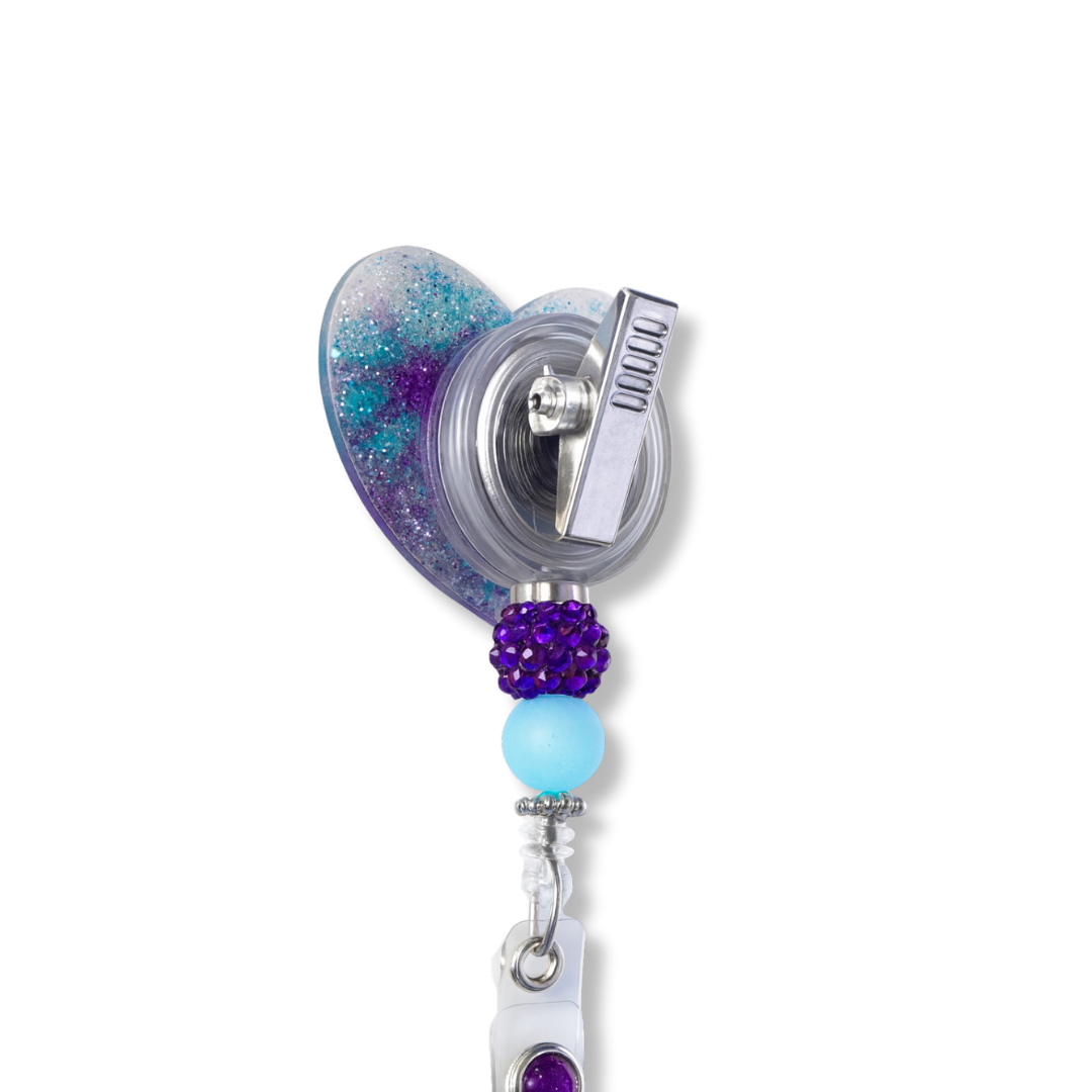 Personalized Purple/Blue Glitter Heart Badge Reel – Custom Name Nurse ID Holder | Cute Beaded Retractable Reel for Medical Professionals