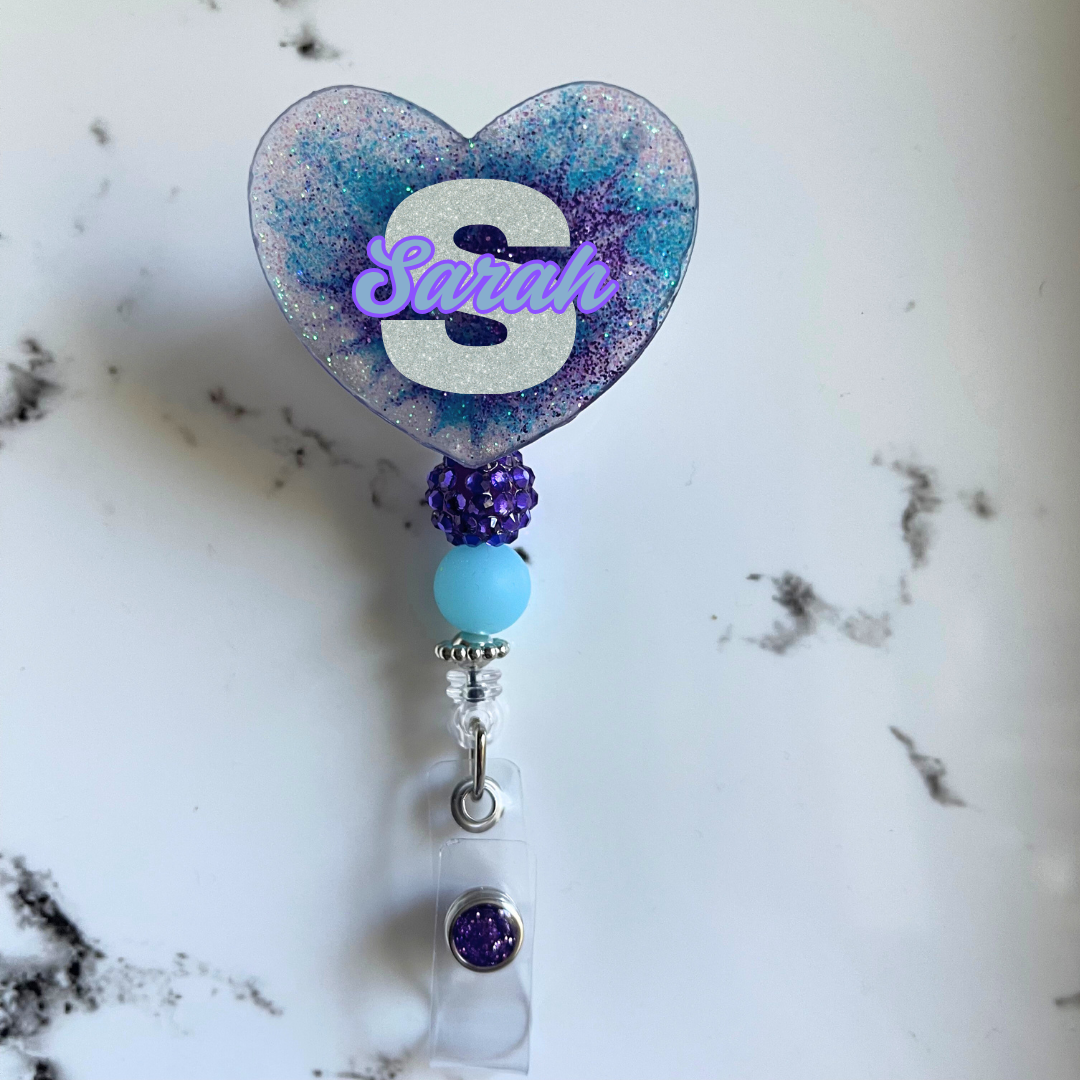 Personalized Purple/Blue Glitter Heart Badge Reel – Custom Name Nurse ID Holder | Cute Beaded Retractable Reel for Medical Professionals