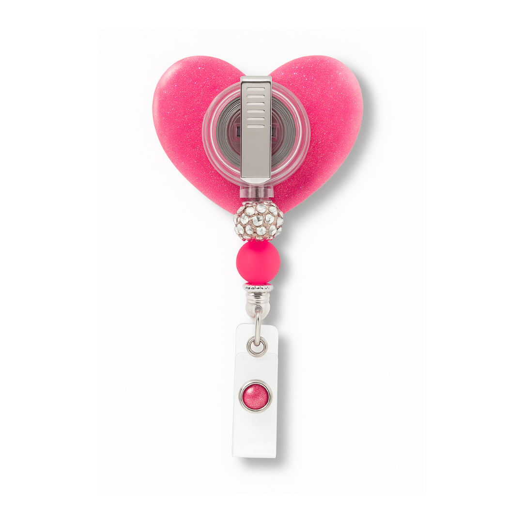 Personalized Hot Pink Glitter Heart Badge Reel – Custom Name Nurse ID Holder | Cute Beaded Retractable Reel for Medical Professionals