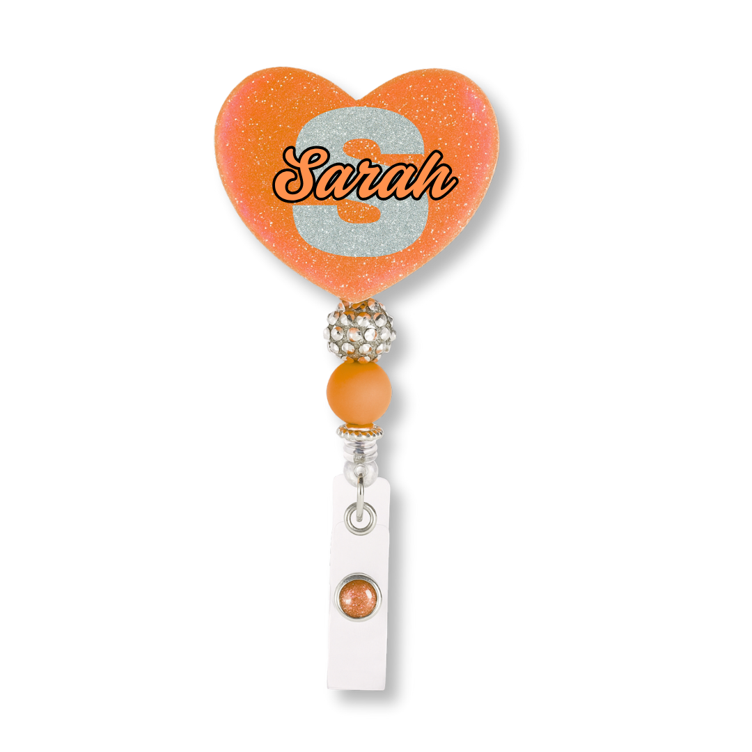 Personalized Orange Glitter Heart Badge Reel – Custom Name Nurse ID Holder | Cute Beaded Retractable Reel for Medical Professionals