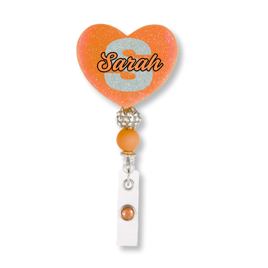 Personalized Orange Glitter Heart Badge Reel – Custom Name Nurse ID Holder | Cute Beaded Retractable Reel for Medical Professionals