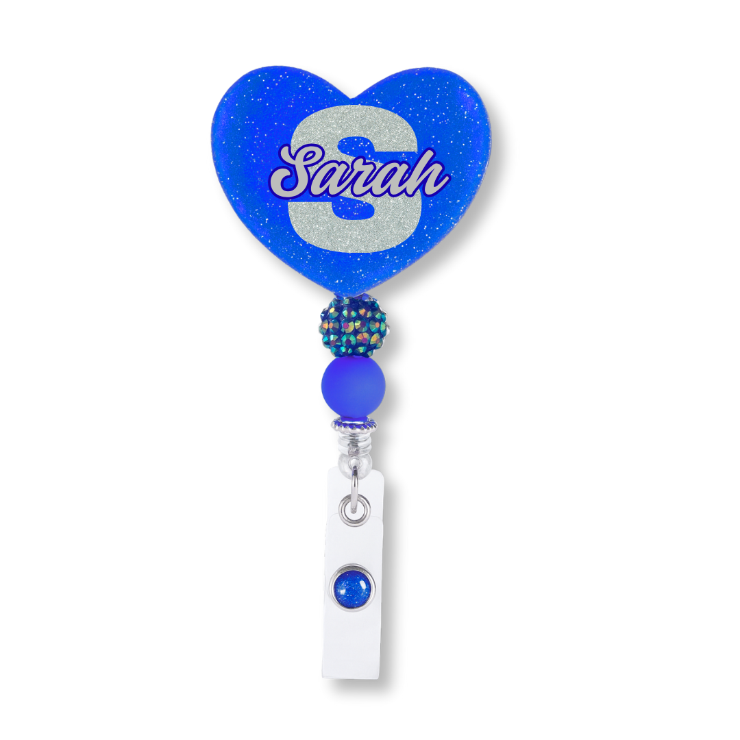 Personalized Blue Glitter Heart Badge Reel – Custom Name Nurse ID Holder | Cute Beaded Retractable Reel for Medical Professional