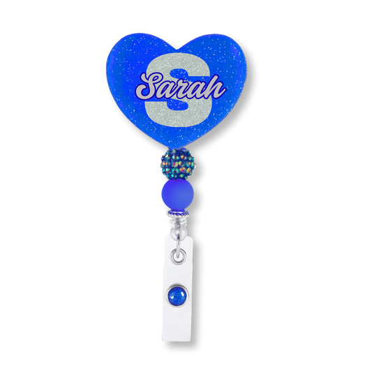 Personalized Blue Glitter Heart Badge Reel – Custom Name Nurse ID Holder | Cute Beaded Retractable Reel for Medical Professional