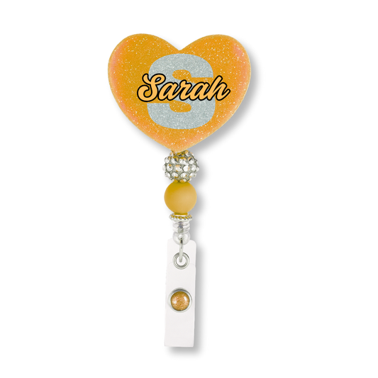 Personalized Yellow Glitter Heart Badge Reel – Custom Name Nurse ID Holder | Cute Beaded Retractable Reel for Medical Professional