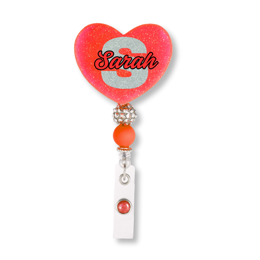 Personalize Red Glitter Heart Badge Reel – Custom Name Nurse ID Holder | Cute Beaded Retractable Reel for Medical Professional