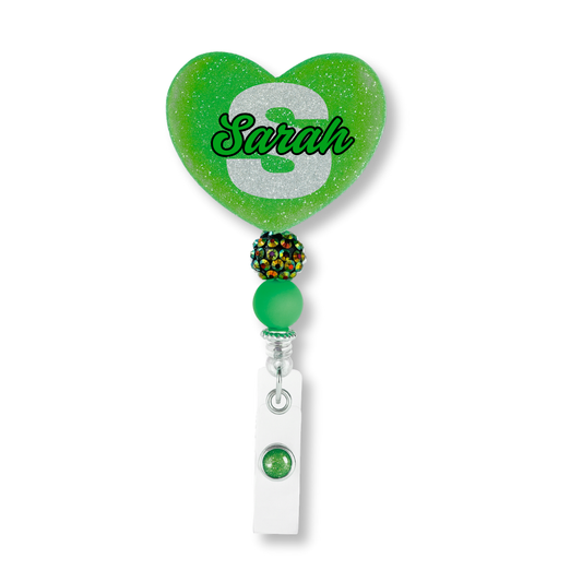 Personalize Green Glitter Heart Badge Reel – Custom Name Nurse ID Holder | Cute Beaded Retractable Reel for Medical Professional