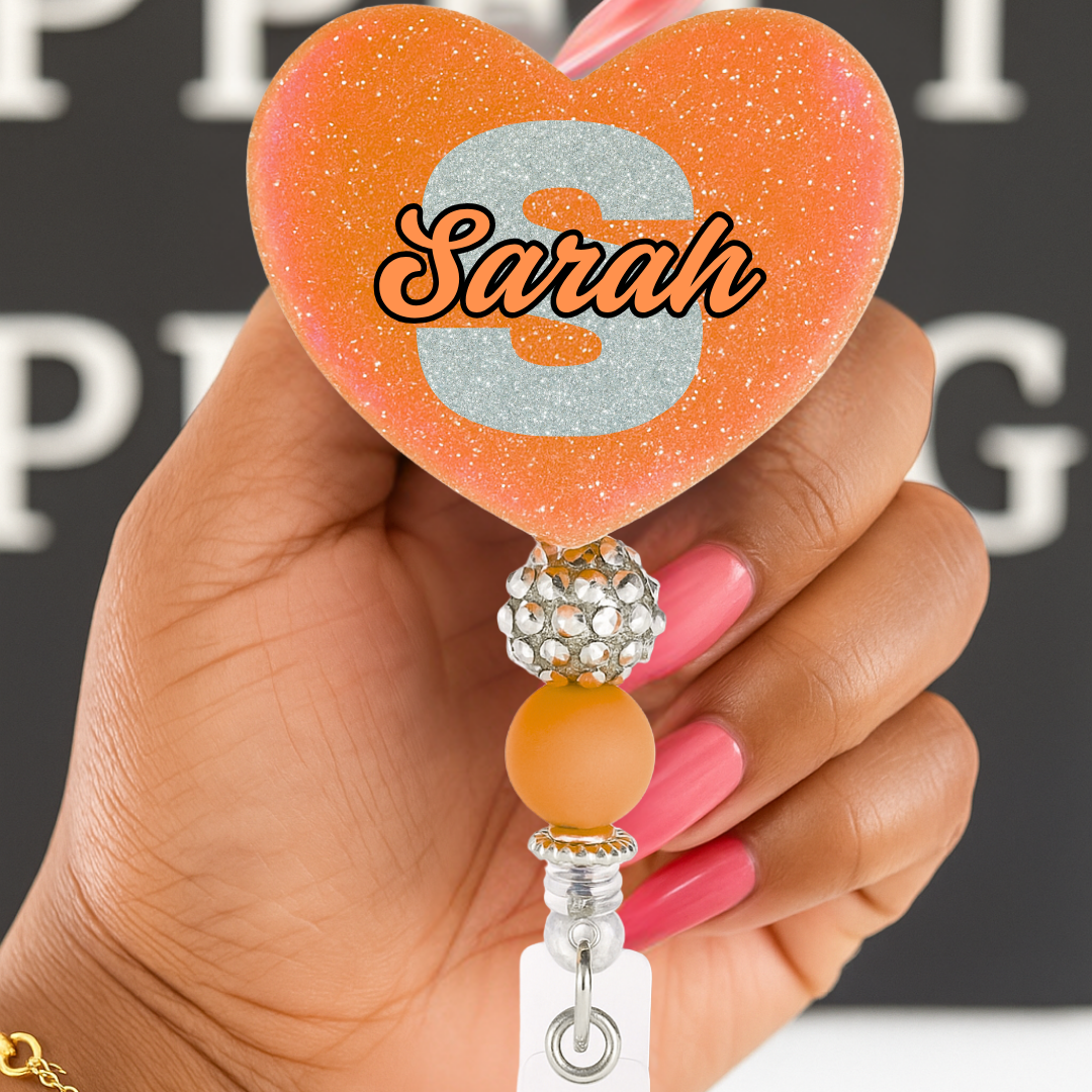 Personalized Orange Glitter Heart Badge Reel – Custom Name Nurse ID Holder | Cute Beaded Retractable Reel for Medical Professionals