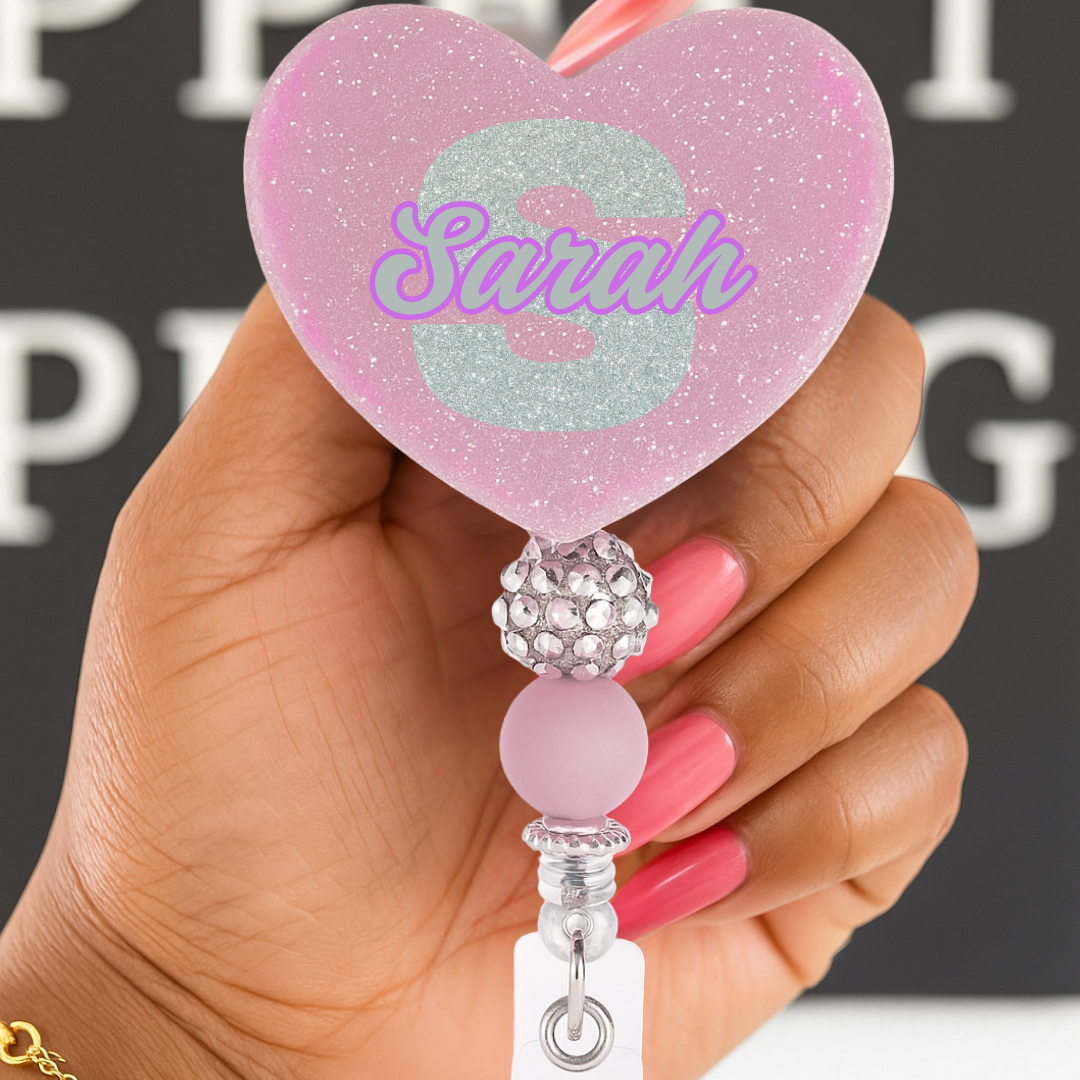Personalized Soft Pink Glitter Heart Badge Reel – Custom Name Nurse ID Holder | Cute Beaded Retractable Reel for Medical Professional (Copy)