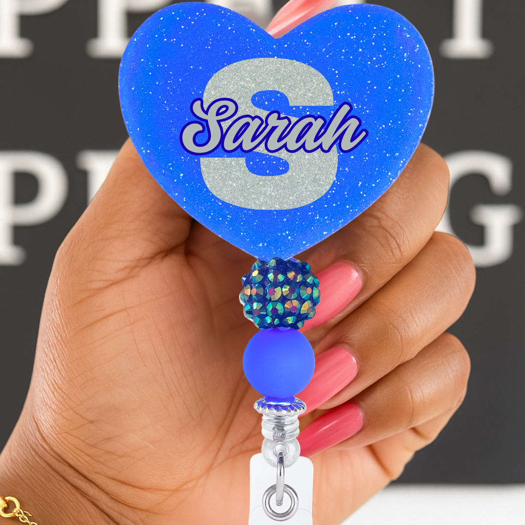 Personalized Blue Glitter Heart Badge Reel – Custom Name Nurse ID Holder | Cute Beaded Retractable Reel for Medical Professional