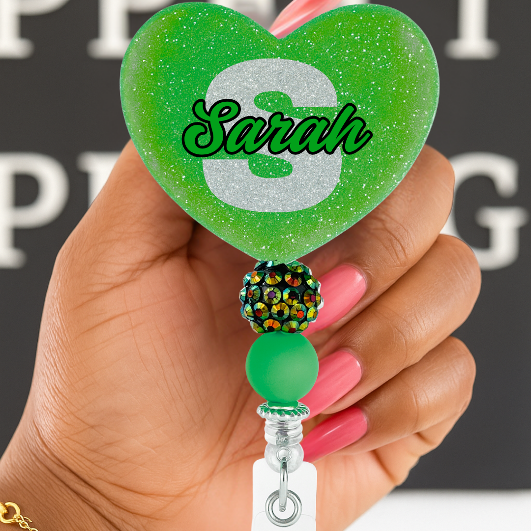 Personalize Green Glitter Heart Badge Reel – Custom Name Nurse ID Holder | Cute Beaded Retractable Reel for Medical Professional