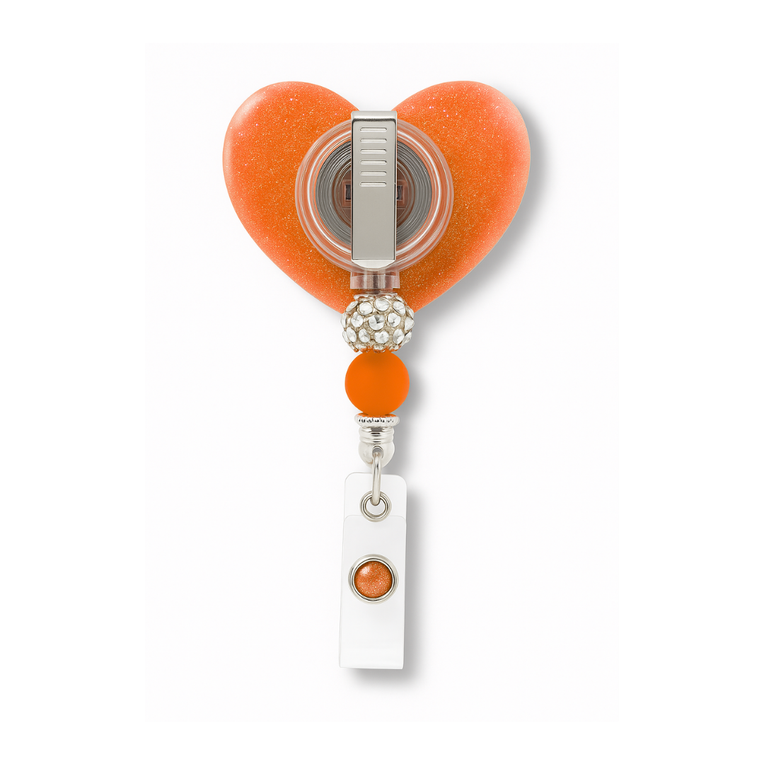 Personalized Orange Glitter Heart Badge Reel – Custom Name Nurse ID Holder | Cute Beaded Retractable Reel for Medical Professionals