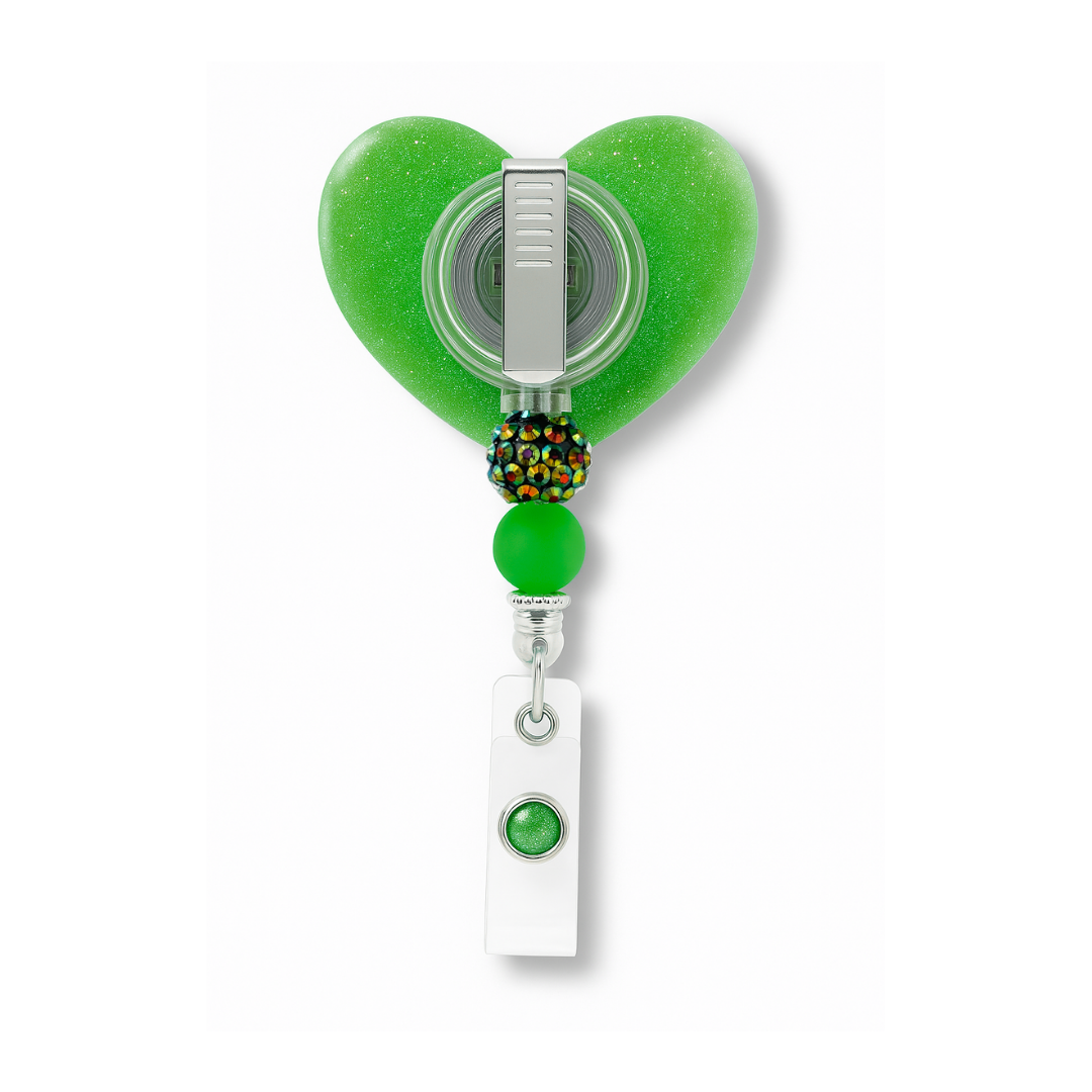 Personalize Green Glitter Heart Badge Reel – Custom Name Nurse ID Holder | Cute Beaded Retractable Reel for Medical Professional