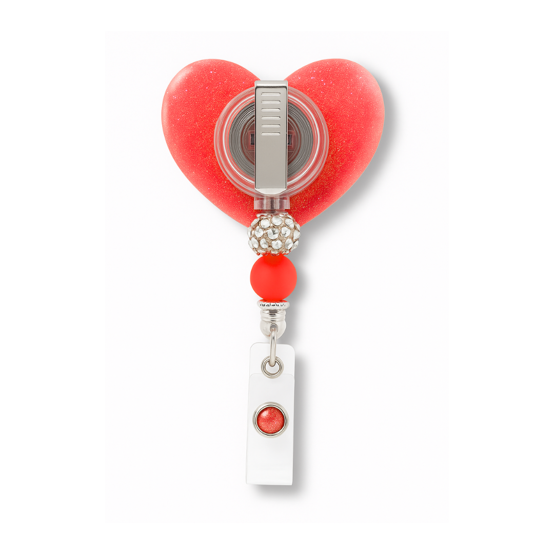 Personalize Red Glitter Heart Badge Reel – Custom Name Nurse ID Holder | Cute Beaded Retractable Reel for Medical Professional