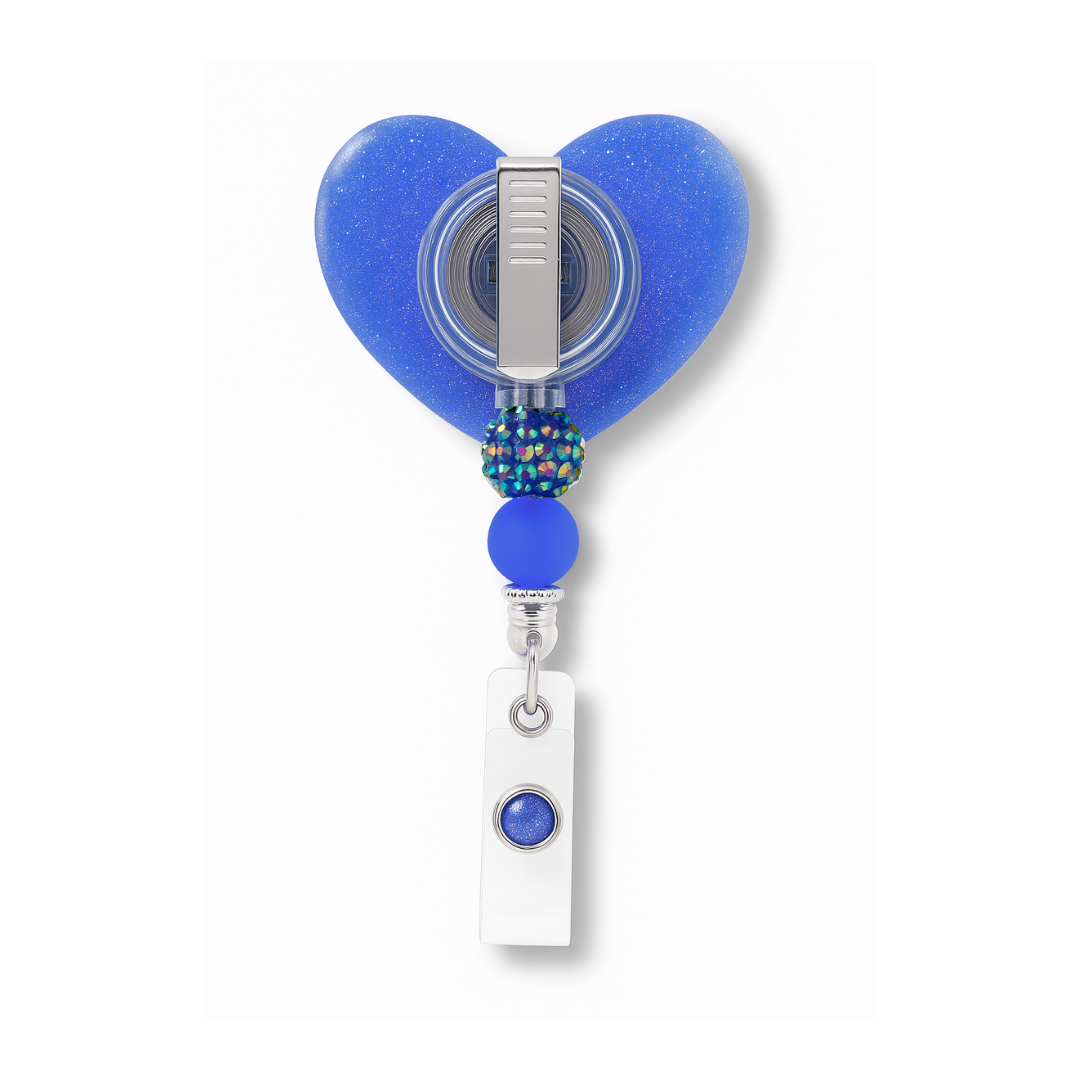 Personalized Blue Glitter Heart Badge Reel – Custom Name Nurse ID Holder | Cute Beaded Retractable Reel for Medical Professional