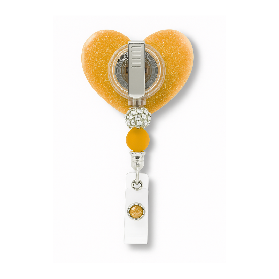 Personalized Yellow Glitter Heart Badge Reel – Custom Name Nurse ID Holder | Cute Beaded Retractable Reel for Medical Professional