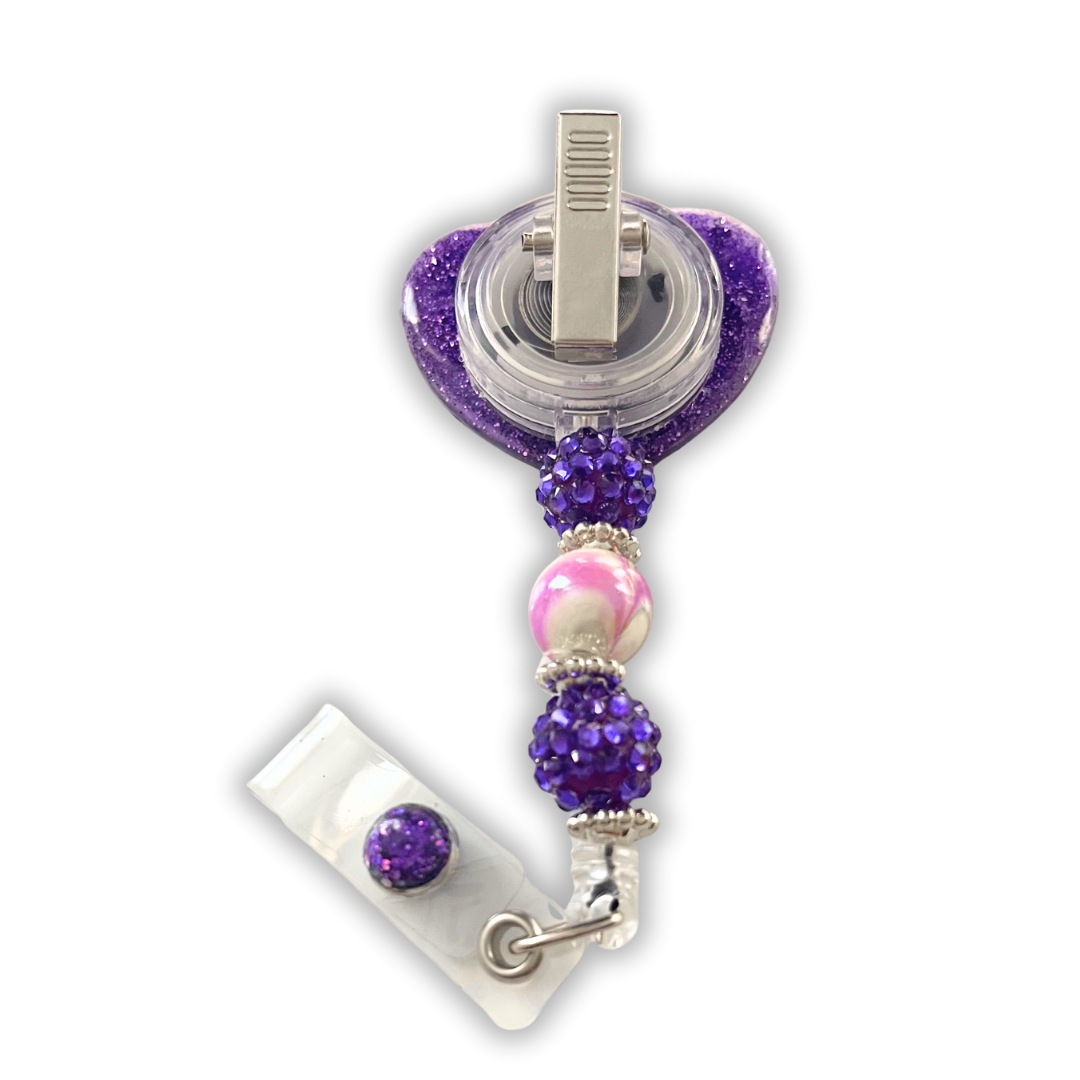 Glitter/Purple Butterfly Heart Badge Reel (Beaded)