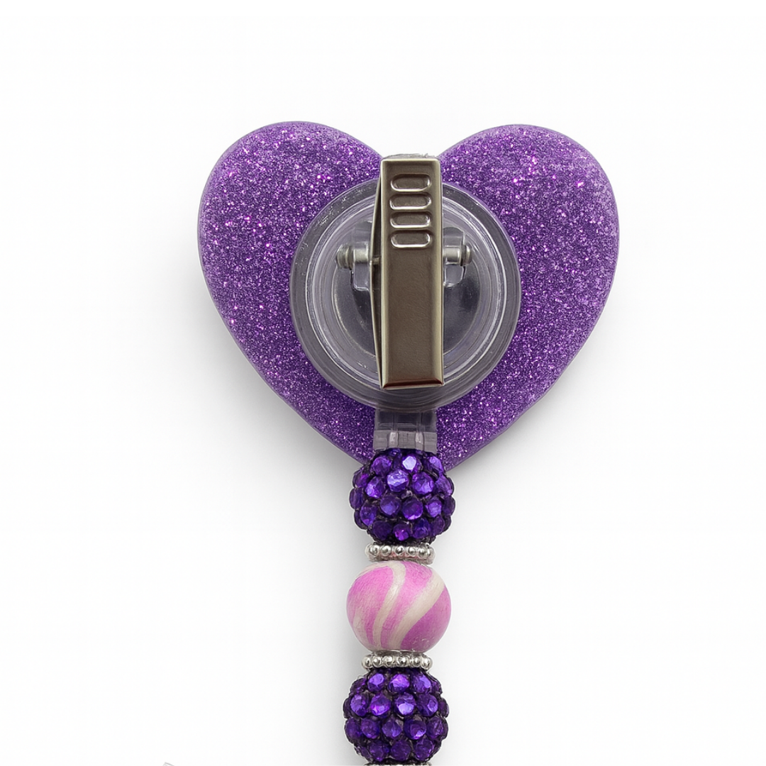 Glitter/Purple Butterfly Heart Badge Reel (Beaded)