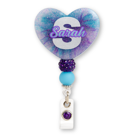 Personalized Purple/Blue Glitter Heart Badge Reel – Custom Name Nurse ID Holder | Cute Beaded Retractable Reel for Medical Professionals