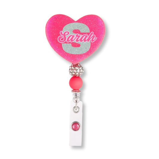 Personalized Hot Pink Glitter Heart Badge Reel – Custom Name Nurse ID Holder | Cute Beaded Retractable Reel for Medical Professionals