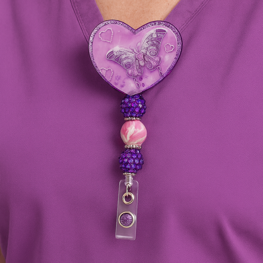 Glitter/Purple Butterfly Heart Badge Reel (Beaded)