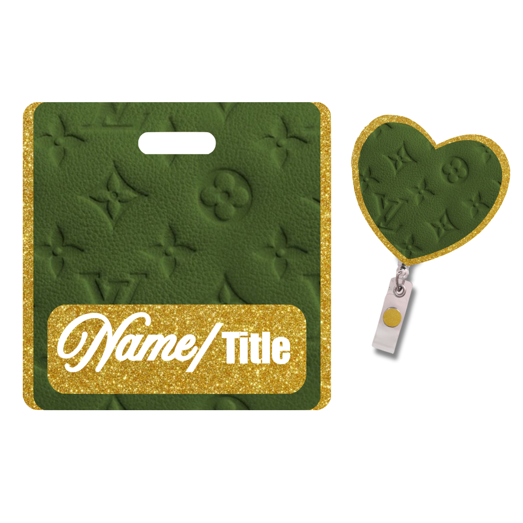 ✨ Premium Personalized Green 3D Pattern Gold Glitter Badge Reel + Badge Buddy Combo Set
