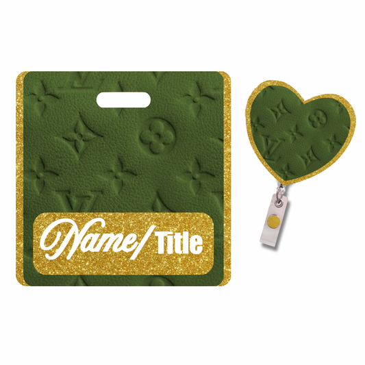 ✨ Premium Personalized Green 3D Pattern Gold Glitter Badge Reel + Badge Buddy Combo Set