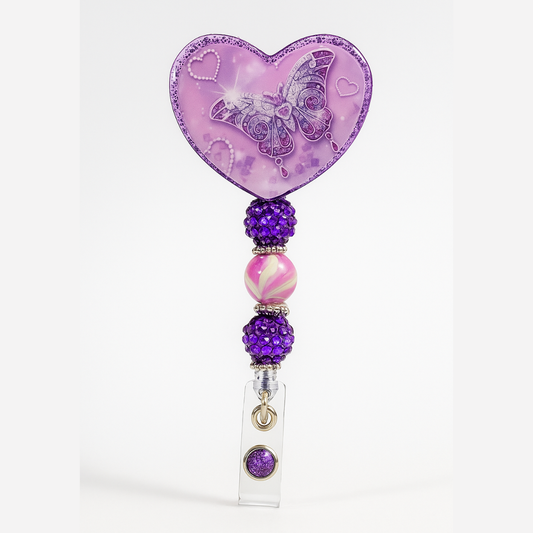 Glitter/Purple Butterfly Heart Badge Reel (Beaded)