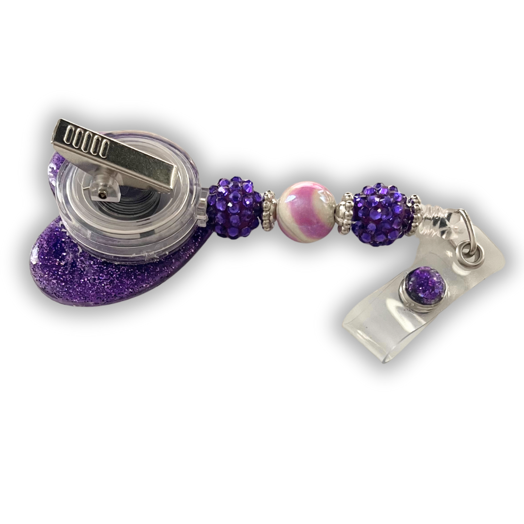 Glitter/Purple Butterfly Heart Badge Reel (Beaded)