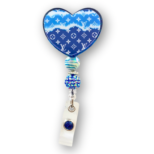 Reel Lux Blue Tie-Blue Glitter Heart Badge Reel