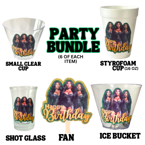 Party Bundle Custom Cups, Fans, Shot Glasses Personalized for Any Theme or Event